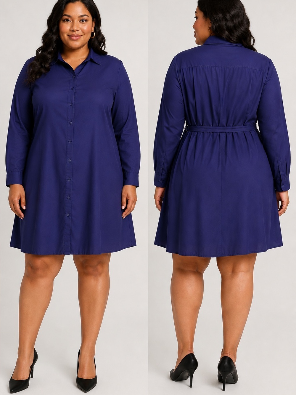 Norma Kamali Navy Blue Long-Sleeve Career Shirt Dress w/ Adjustable Belt Sz XXL